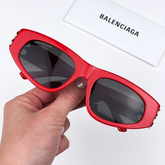 Balenciaga BB0095S 016 BRAND NEW Sunglasses Red Silver Logo Grey Cat Eye Unisex - Picture 2 of 14